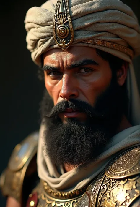 A dramatic close-up of Thariq bin Ziyad, dressed in traditional Islamic warrior attire, with a focus on his intense gaze and decorated armor, hinting at the epic struggle ahead