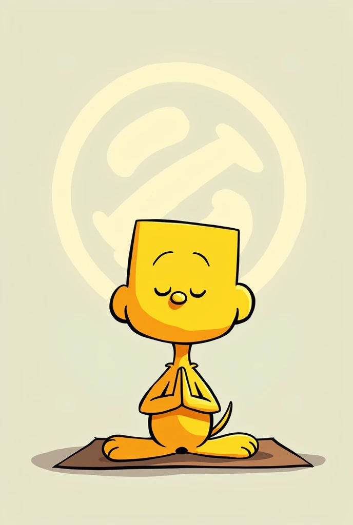 Animated design of Woodstock character, same as the fable, black outline and yellow Woodstock   , doing yoga with a namaste background , make the head more square like the character from the fable snoopy