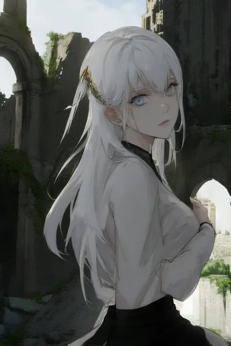 Erkek.bwhite hair.Half angel.There are ruins behind you.