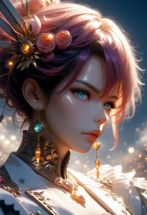 close-up of a woman with colorful hair and necklace, anime girl with space hair, rossdraws soft brightness, works in the style o...