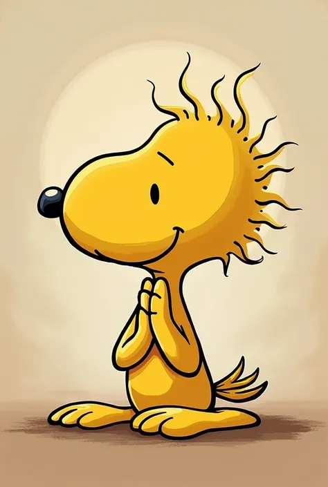 Animated design of Woodstock character, same as the fable, black outline and yellow Woodstock   , doing yoga with a namaste background , make the head more like the character from the fable snoopy