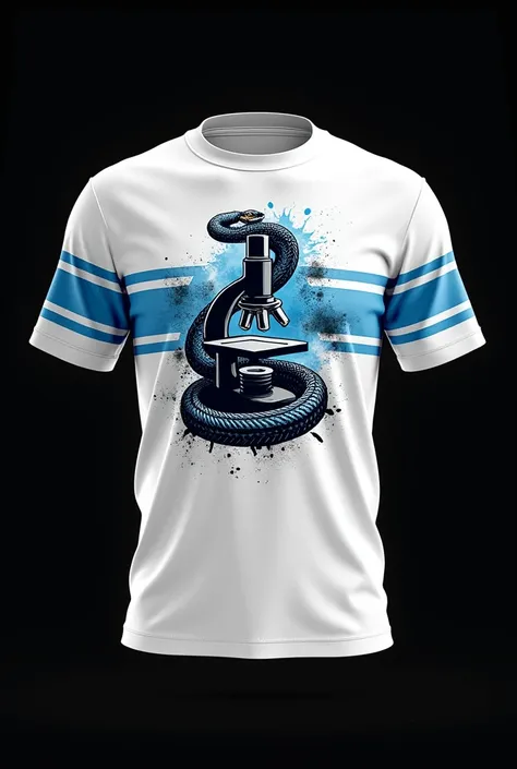 White shirt on a black background with Pharmacy course print with snake crest wrapped around a microscope (half punk) on the chest and in a sporty style with straight blue stripes on the sides