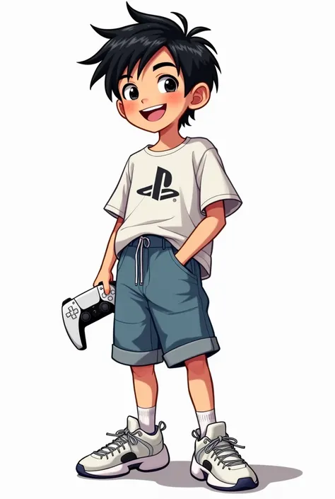 a drawing, style like Breely7&#39;s which he used on his channel, of a boy with black hair and eyes, with a cropped and boxy t-shirt with the white slick logo, some baggy jean shorts and some Yezzy Foam running shoes, you have to be smiling and holding a p...