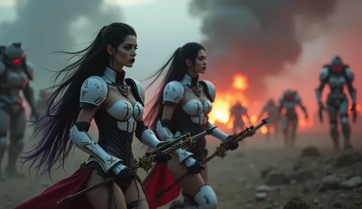 Masterpiece, Best Quality, Official Art, (Highly Detailed CG Unity 8k wallpaper), Detailed background, (Hands by Guido Daniele: 1.1). Full body pose sexy sisters of battle from the warhammer 40k, shooting at the enemy, white armor with intricate details, r...