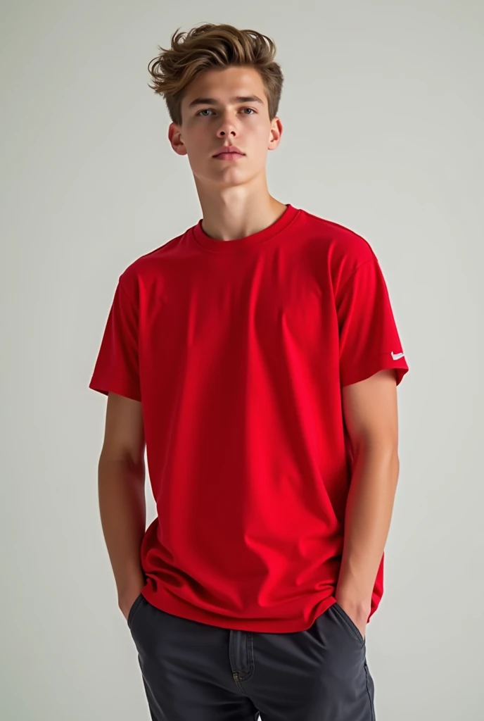 A boy age 19 year red colur shirt in studio rom fornt tebel imeg  size 16:9