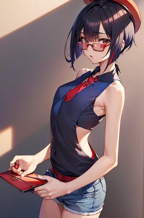 masterpiece, best quality,anime style, 1 girl,(((slender body))), (((small eyes))),(((blue tank top,hot pants,red tie,red bowler hat,glasses))), (beautiful face), (((short hair))), (((straight hair))), ((((black hair)))),detailed beautiful skin, (perfect h...