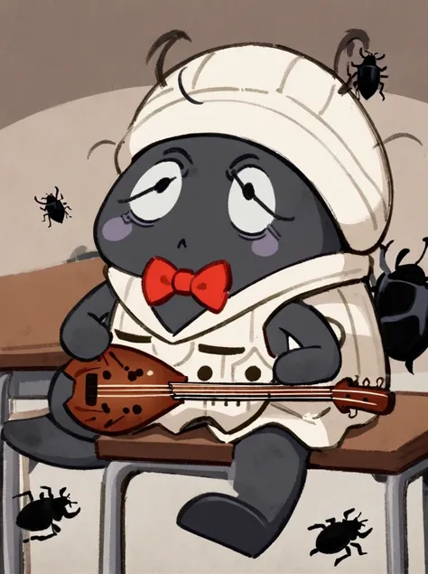 1Beetle, Empusidae Beetle, charcoal Black skin, Oval Eye, Red Dot Pupils, White Kalpak Hat, Red Bow Tie, White Bulletproof Vest, by Guillaume Renard (skchkko), Evil Rage, playing Virtual Sitar, Desk in Classroom, looking at viewer, Style of MFKZ