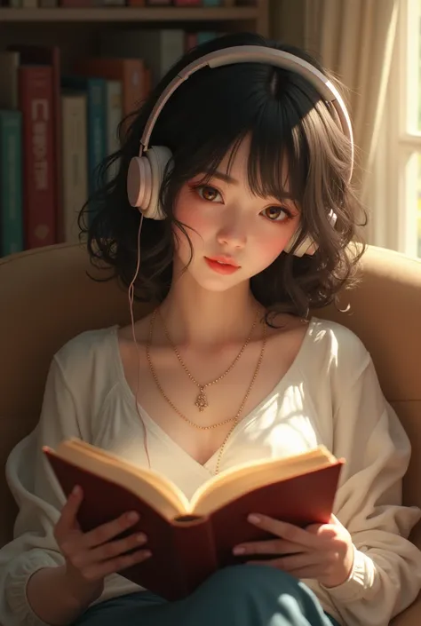 A beautiful girl is reading and listening to music with headphones on her ears 