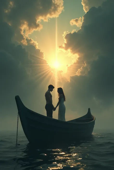 Hurt and broken heart, symbolizing the sun, two people holding hands, addressing him, in a big metal boat