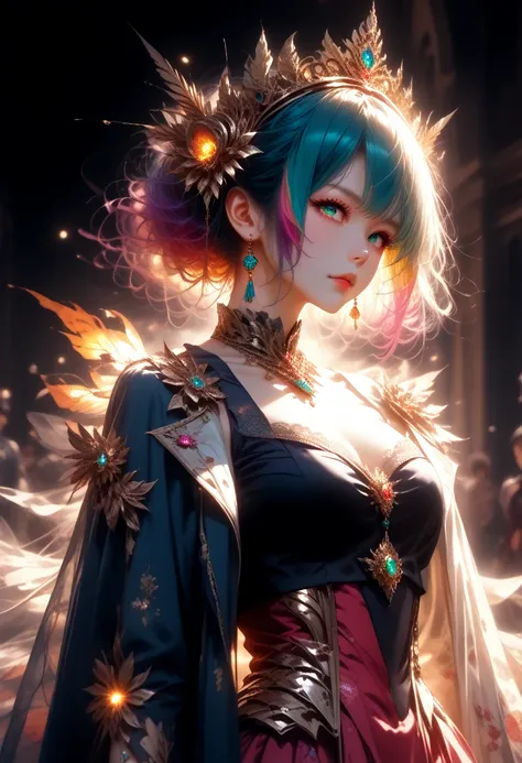 close-up of a woman with colorful hair and necklace, anime girl with space hair, rossdraws soft brightness, works in the style o...