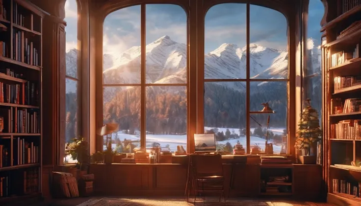 a bookshelf in a study room,snow covered mountains outside the window,sunlight streaming through the window,detailed interior, dramatic lighting,moody atmosphere,warm colors,photorealistic,highly detailed,8k