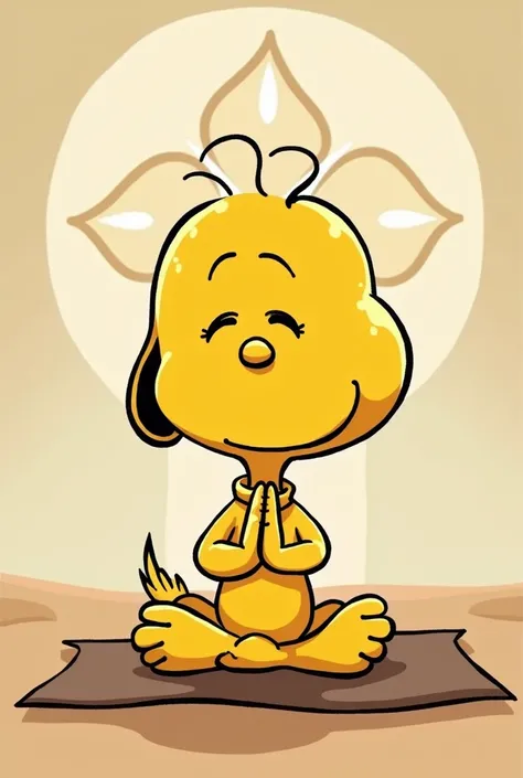 Animated design of Woodstock character, same as the fable, black outline and yellow Woodstock   , doing yoga with a namaste background , make the head more like the character from the fable snoopy