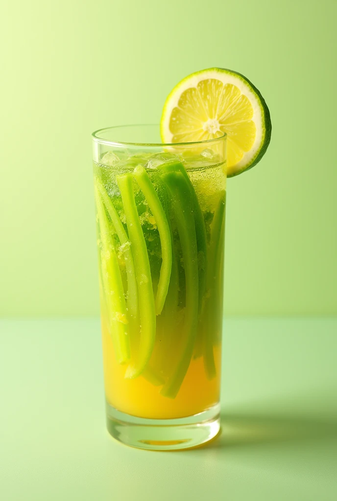 glass full of green mango chopped into strips, that is bouncing with a lot of mango and finally a slice of lemon