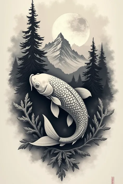 Tattoo of a carp in a quarter moon with the presence of mountains and fir trees