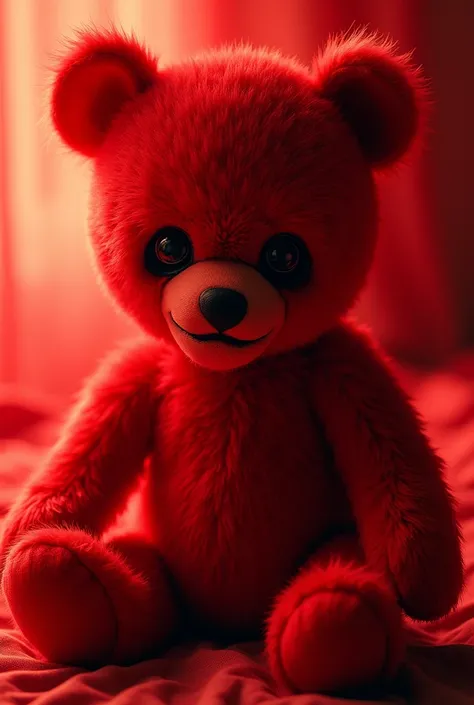 Creepy red teddy bear, bright tone