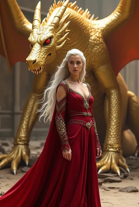 Silver-haired Targaryen woman in red dress standing in front of a golden dragon 