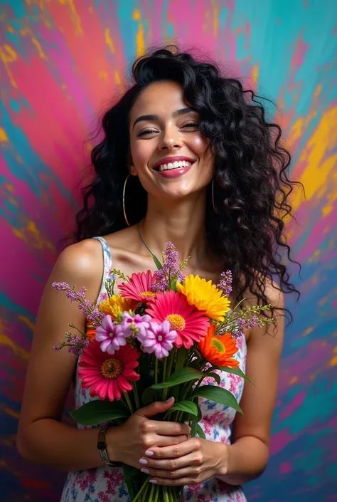 beautiful latina woman with a amazing bouquet of wildflowers, smiling face, neon hipercolored flowers, fluid painting background, black white background, studio photography