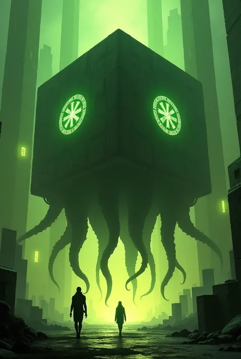 A gigantic floating cuboid structure with dark, twisting tentacles, radiating an intense green light from the circular patterns and eyes with illuminated symbols embedded in their faces. The scene has a dark and futuristic atmosphere., with a greenish-yell...