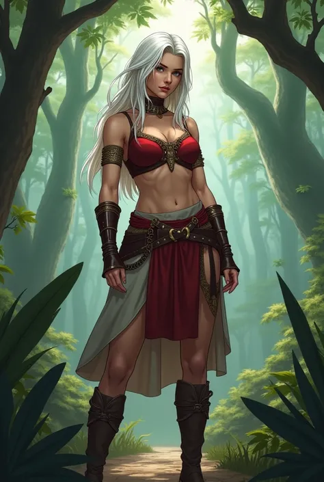 1girl with beautiful face, slim body white hair and light grey eyes, 160 cm, 18 ,ears old in outlaw clothes. 1st century BC roman era in the pannonian basin. In a forest.  Drawed adult animation style