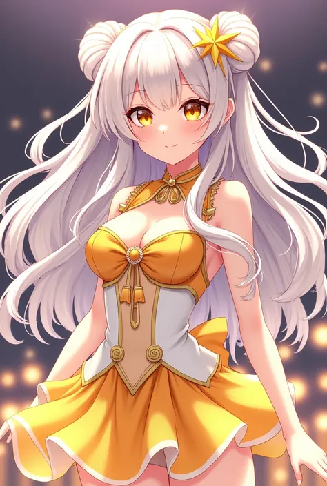 Idol girl. With sparkling yellow eyes, long white hair, with one part of the hair loose and the other part with two boxes in the shape of a star. A yellow and white outfit. The idol has to be anime style and very beautiful 