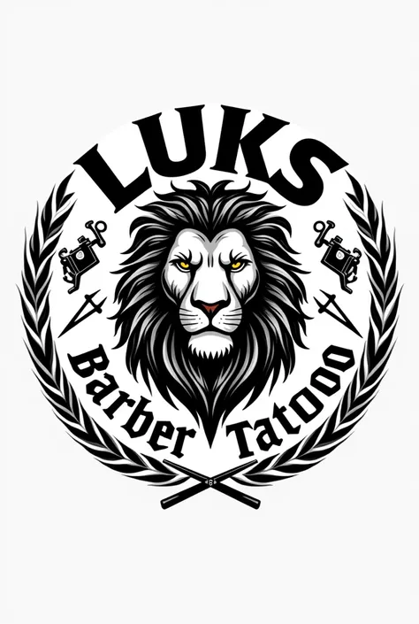 Create a circular lion logo,  On the outside it will have the phrase "luks Barber tattoo". And some tattoo machine designs and some scissors inside.