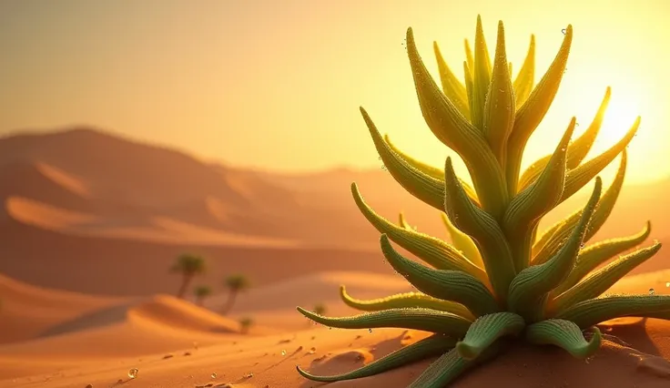 Plant illuminated by sun rays on the right side of a desert 