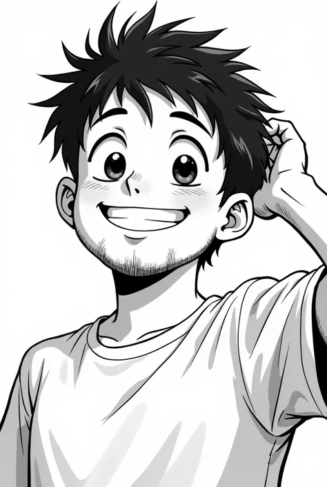 In black and white manga style, a boy with a thin beard and short hair, with a big smile on his face and putting his hand through his hair 