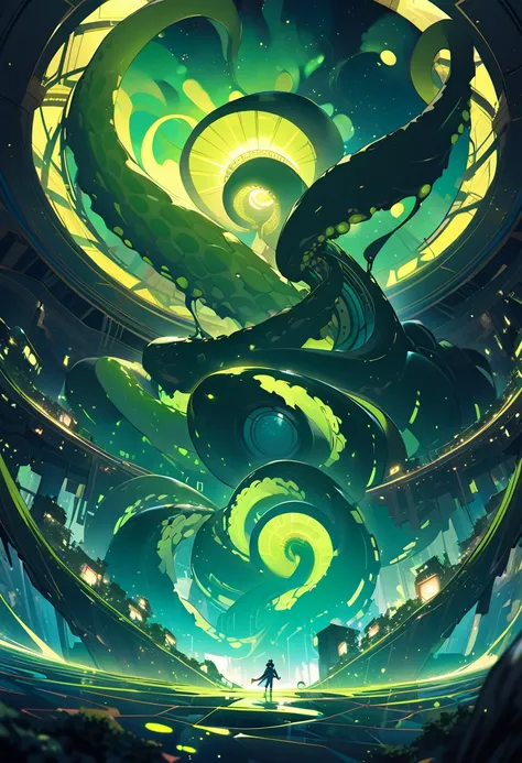 A gigantic floating cuboid structure with dark, twisting tentacles, radiating an intense green light from the circular patterns and eyes with illuminated symbols embedded in their faces. The scene has a dark and futuristic atmosphere., with a greenish-yell...