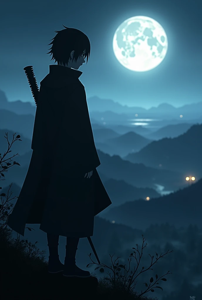 Image of a character similar to Shisui Uchiha watching the night from behind looking at the horizon