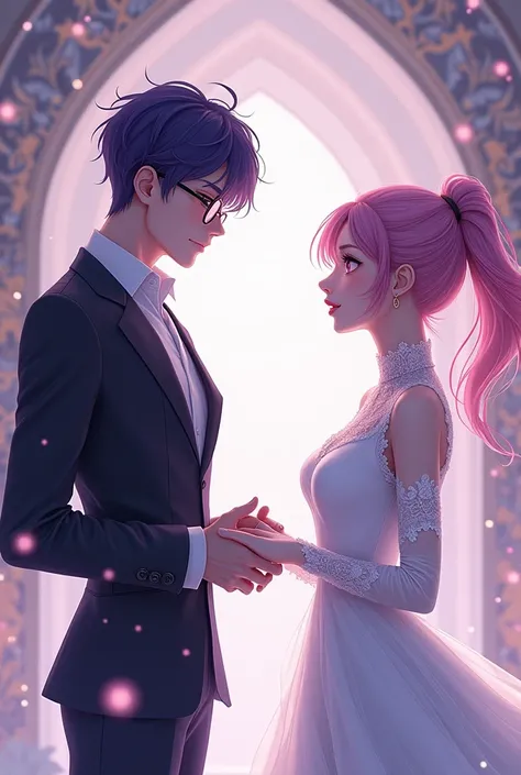 A young man with dark purple hair, pink-eyed, wearing glasses, taking a woman&#39;s outstretched hand, who is wearing a long white mermaid style dress, high collar and lace sleeves, sakura pink hair tied in a sleek bun. The scene takes place in a crystal h...