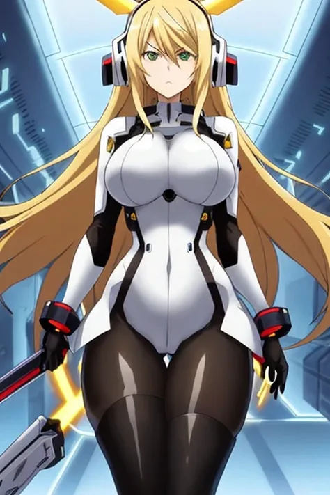 anime style, 2d, anime screencap, 1girl, blonde hair, long hair, futuristic, science-fiction, serious, white bodysuit, bodysuit, electricity, large breasts, breasts, wide hips, thick thighs, pantyhose, green eyes, tech, thigh strap, hair ornament, ornament...