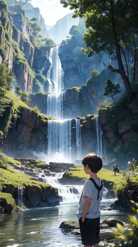 A wonderful waterfall and a boy looking at it