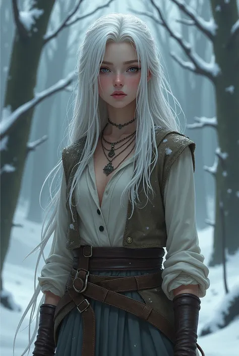 1girl with beautiful face, slim body white hair and light grey eyes, pale skin, 160 cm, 18 ,ears old in full outlaw clothes. 1st century BC roman era in the pannonian basin. In a forest.  Drawing adult animation style. Winter