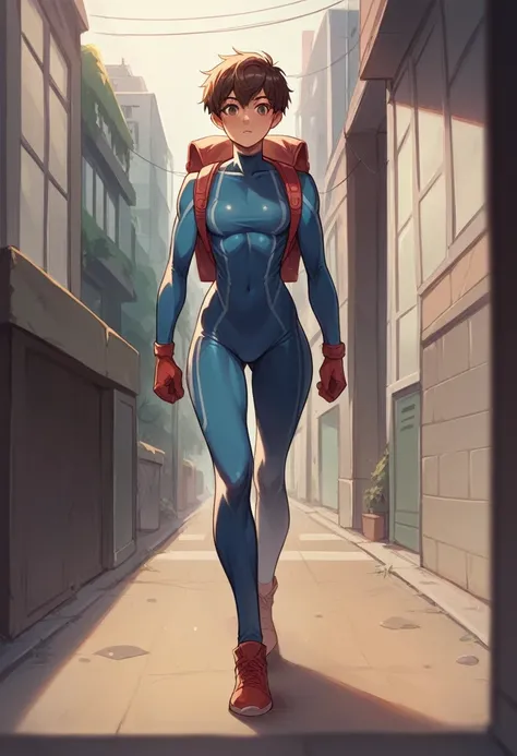 peniparker, :d, looking at viewer, backpack, walking, bedroom, who is 1, wearing a spiderwoman suit, tight suit, you can see her parts under her suit,