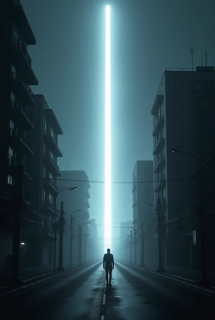 In the dark depths of the night, a bright light from the sky illuminates the empty streets of the city, emphasizing the white light and creating a sense of alien invasion