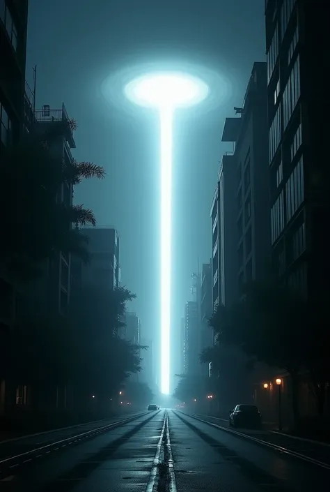 In the dark depths of the night, a bright light from the sky illuminates the empty streets of the city, emphasizing the white light and creating a sense of alien invasion