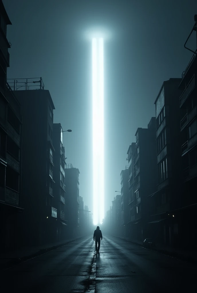 In the dark depths of the night, a bright light from the sky illuminates the empty streets of the city, emphasizing the white light and creating a sense of alien invasion