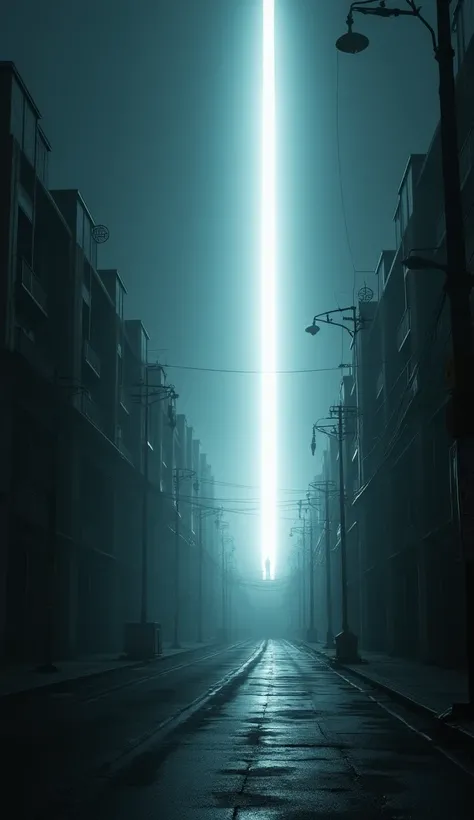 In the dark depths of the night, a bright light from the sky illuminates the empty streets of the city, emphasizing the white light and creating a sense of alien invasion