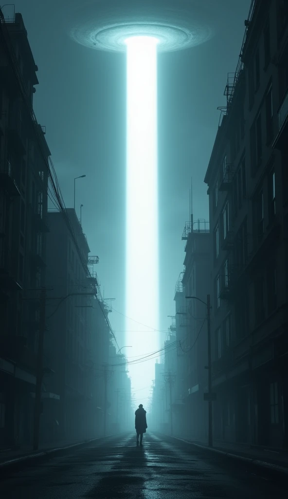 In the dark depths of the night, a bright light from the sky illuminates the empty streets of the city, emphasizing the white light and creating a sense of alien invasion