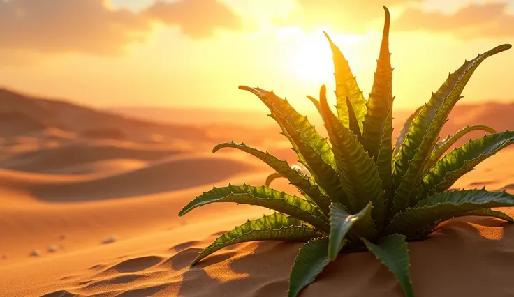 Plant illuminated by sun rays on the right side of a desert 