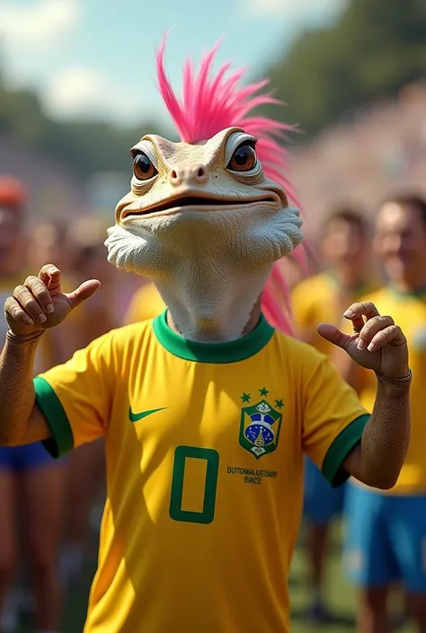 lizard with white beard and mustache and pink mohawk celebrating a lot with the Brazilian national team shirt