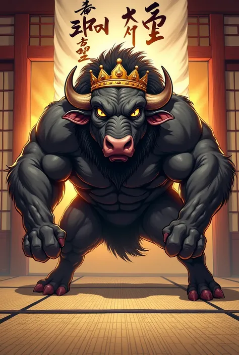 Drawing of an aggressive martial arts buffalo wearing a king&#39;s crown in a fighting stance on a tatami mat with a sign saying &quot;KING OF TATAMI JIU JITSU&quot; 