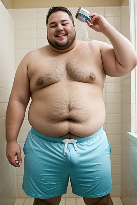 Fat man shirtless in shorts taking a shower