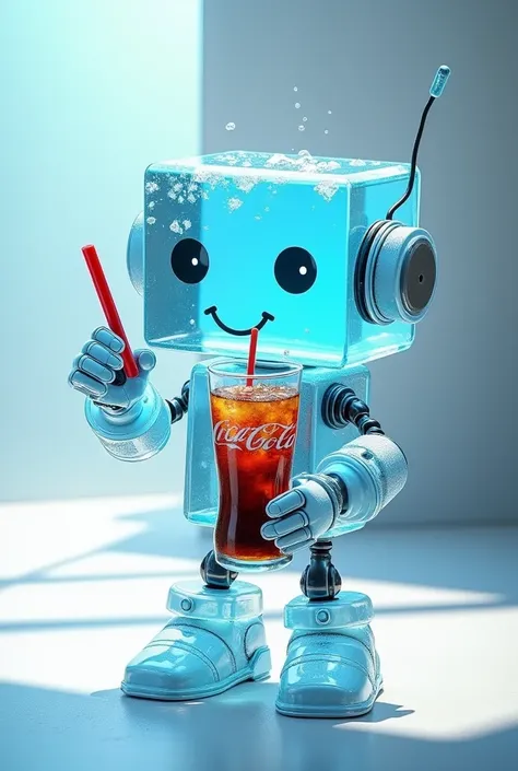 A square ice,animated and robotic being happy drinking coke