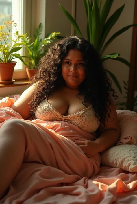 (photorealism:1.2), indian chubby mature woman, sitting on bed, wearing nothing , long curly hair, indoors, soft lighting, plants in background, window with sunlight, cozy room, relaxed pose, realistic, intricate details, warm colors, by Greg Rutkowski, by...