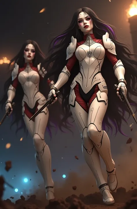 Masterpiece, Best Quality, Official Art, (Highly Detailed CG Unity 8k wallpaper), Detailed background, (Hands by Guido Daniele: 1.1). Full body pose sexy sisters of battle from the warhammer 40k, shooting at the enemy, white armor with intricate details, r...