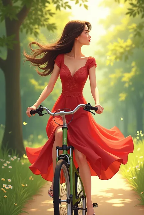 A girl wearing a red color dress is sitting on a red bike.