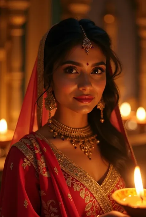 a beautiful indian woman, detailed face, detailed eyes, detailed lips, elegant jewelry, traditional indian dress, warm lighting, glowing candles, diwali celebration, hindu rituals, intricate patterns, gilded details, ornate architecture, atmospheric lighti...