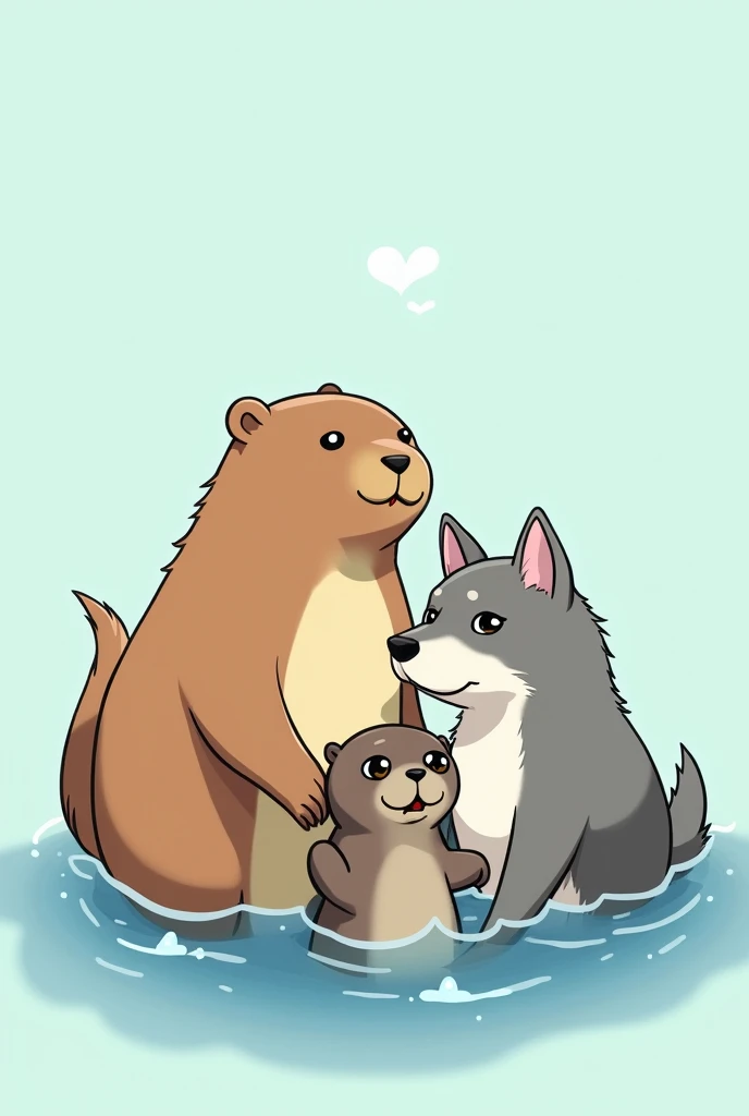 A capybara, an otter and a wolf together form an anime and with a light blue background
