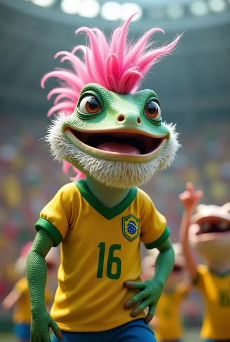 lizard with white beard and mustache and pink mohawk celebrating with the Brazilian national team shirt in the last minutes